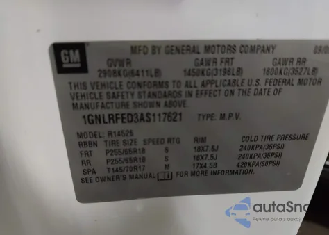 2010 Chevrolet Traverse Lt z USA, uszkodzony, nr VIN 1GNLRFED3AS117621